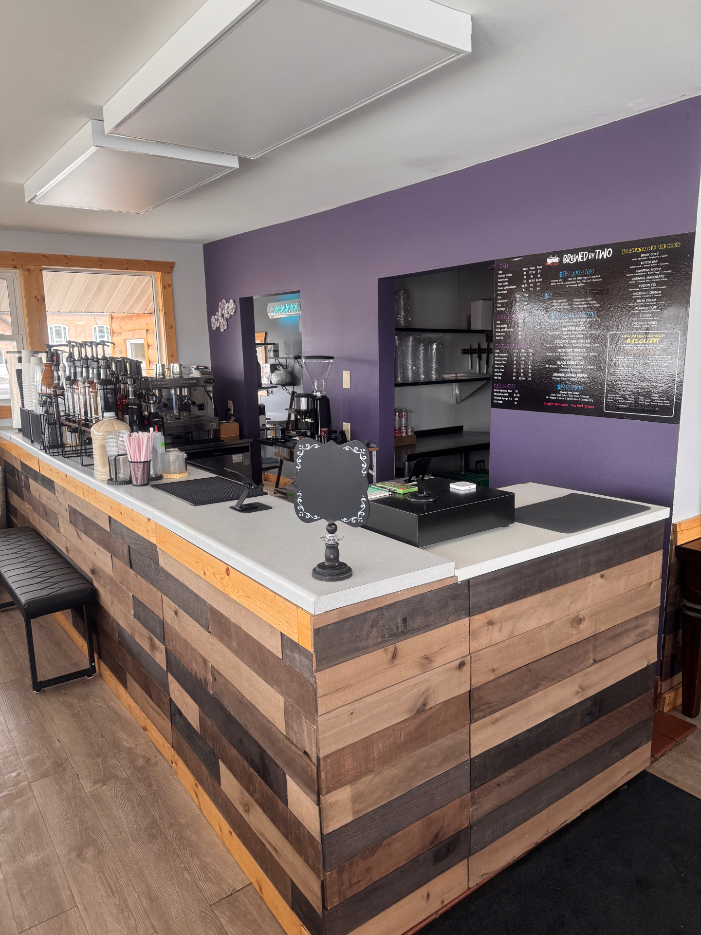 The interior of Brewed by Two coffee shop in Verndale, MN